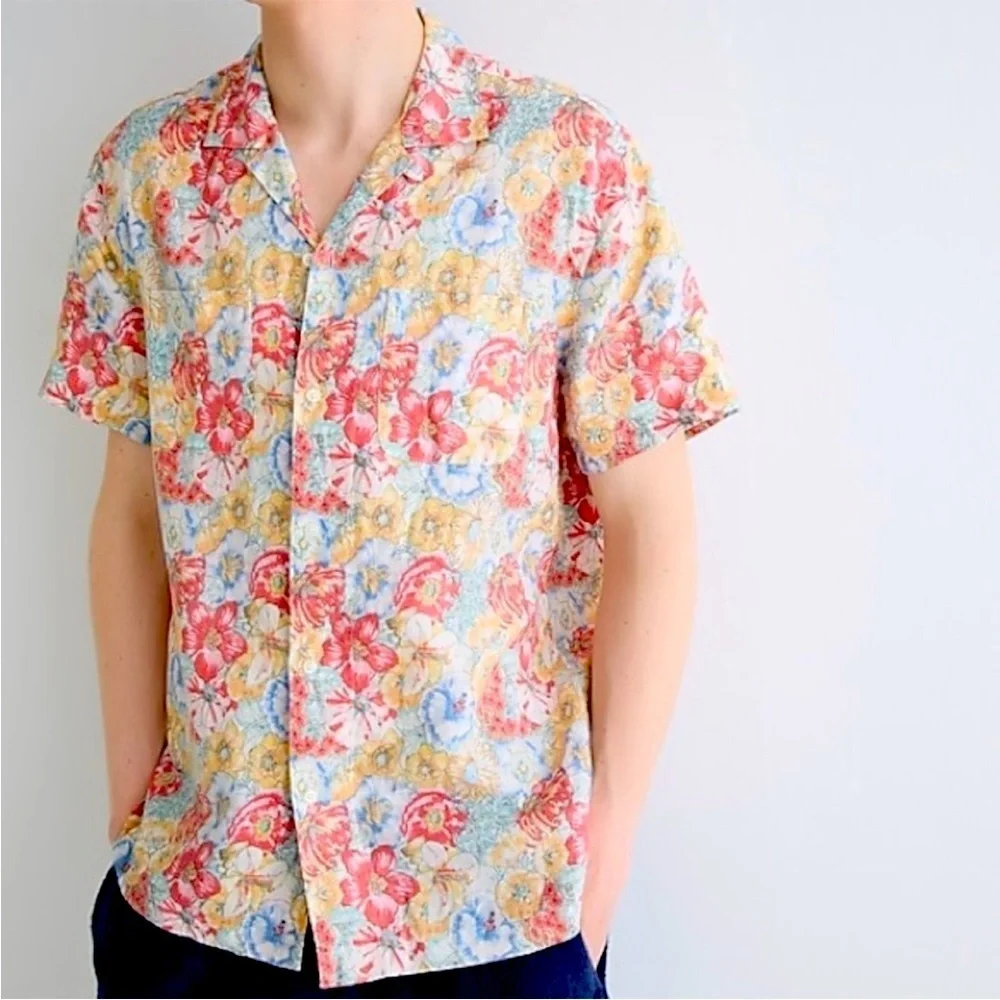 J. Crew Floral Shirt Men's Sz L 100% Linen Camp Collar Button Up Short Sleeve